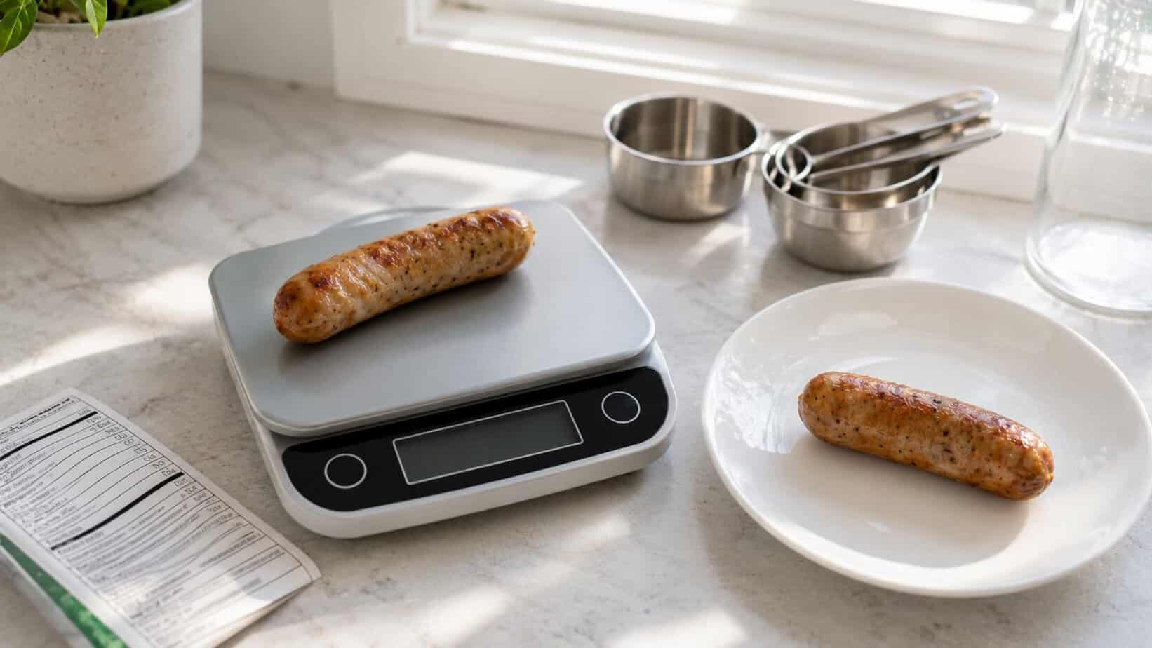 Weighing a link to estimate chicken sausage links calories accurately using a digital scale