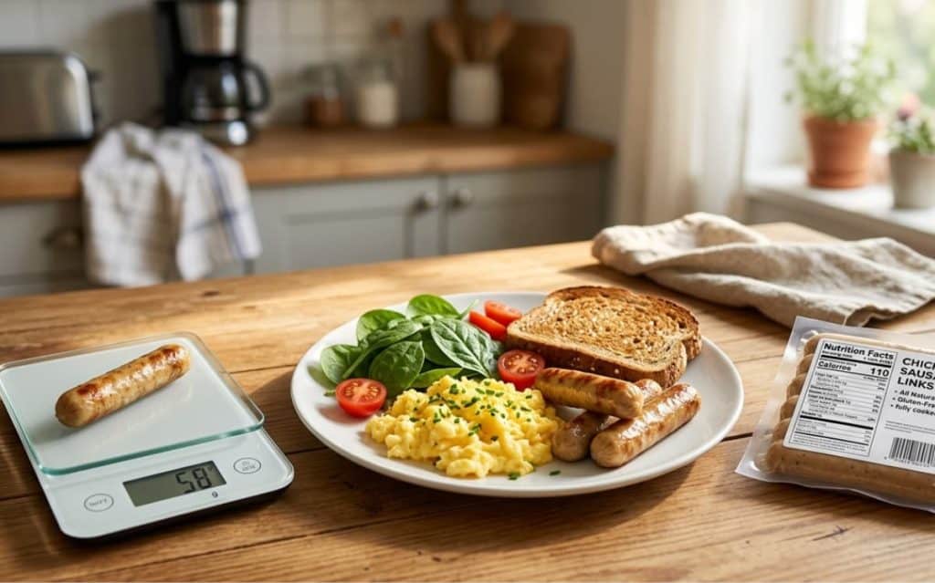 Chicken sausage links calories shown alongside a breakfast plate, scale, and nutrition label