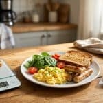 Chicken sausage links calories shown alongside a breakfast plate, scale, and nutrition label