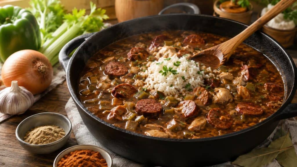 Cook The Restaurant's Food at Home 28 How do you make chicken sausage gumbo and serve it with a scoop of rice in a cast iron pot