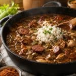 How do you make chicken sausage gumbo and serve it with a scoop of rice in a cast iron pot