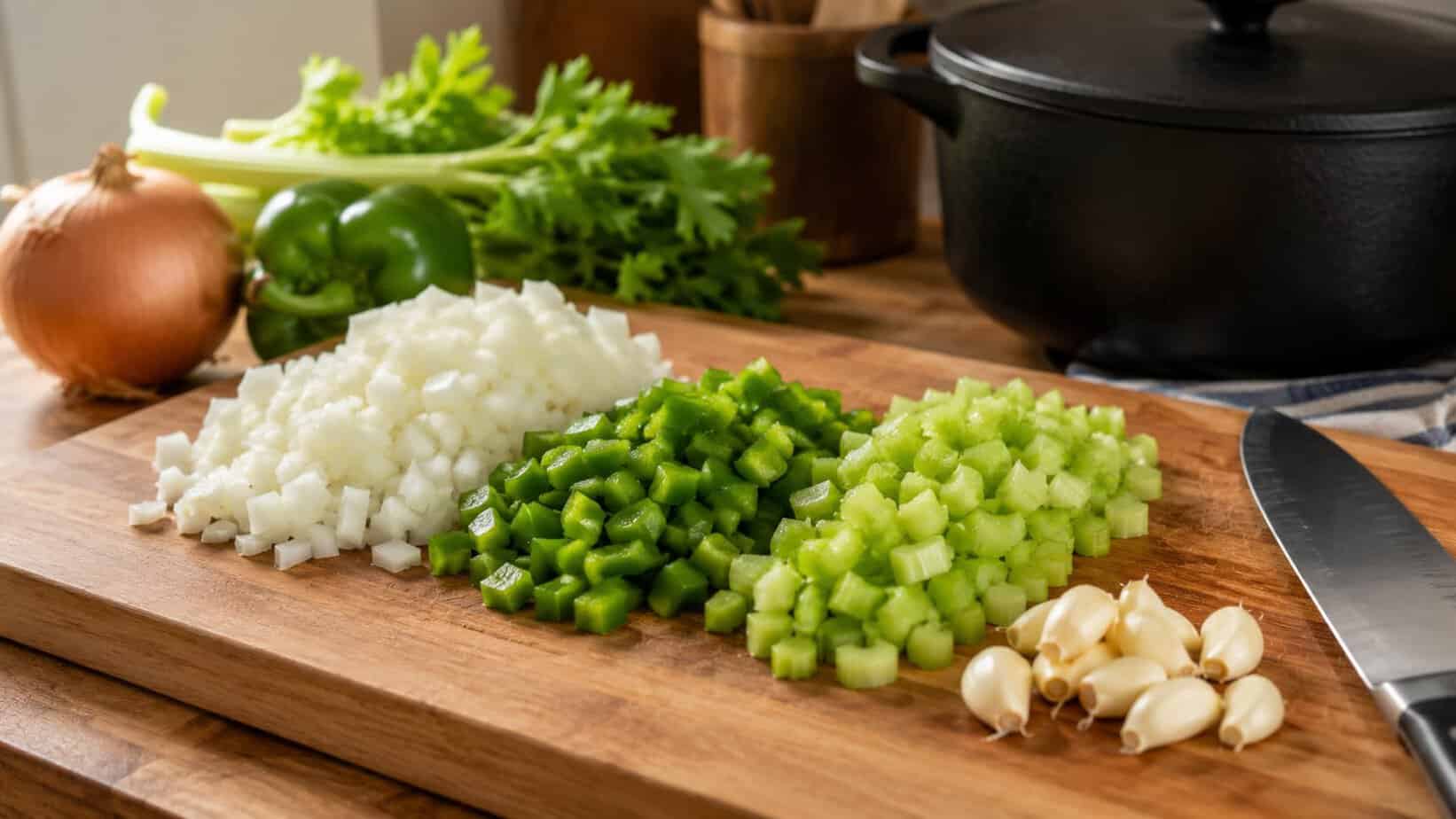 How do you make chicken sausage gumbo starting with diced onion, celery, bell pepper, and garlic