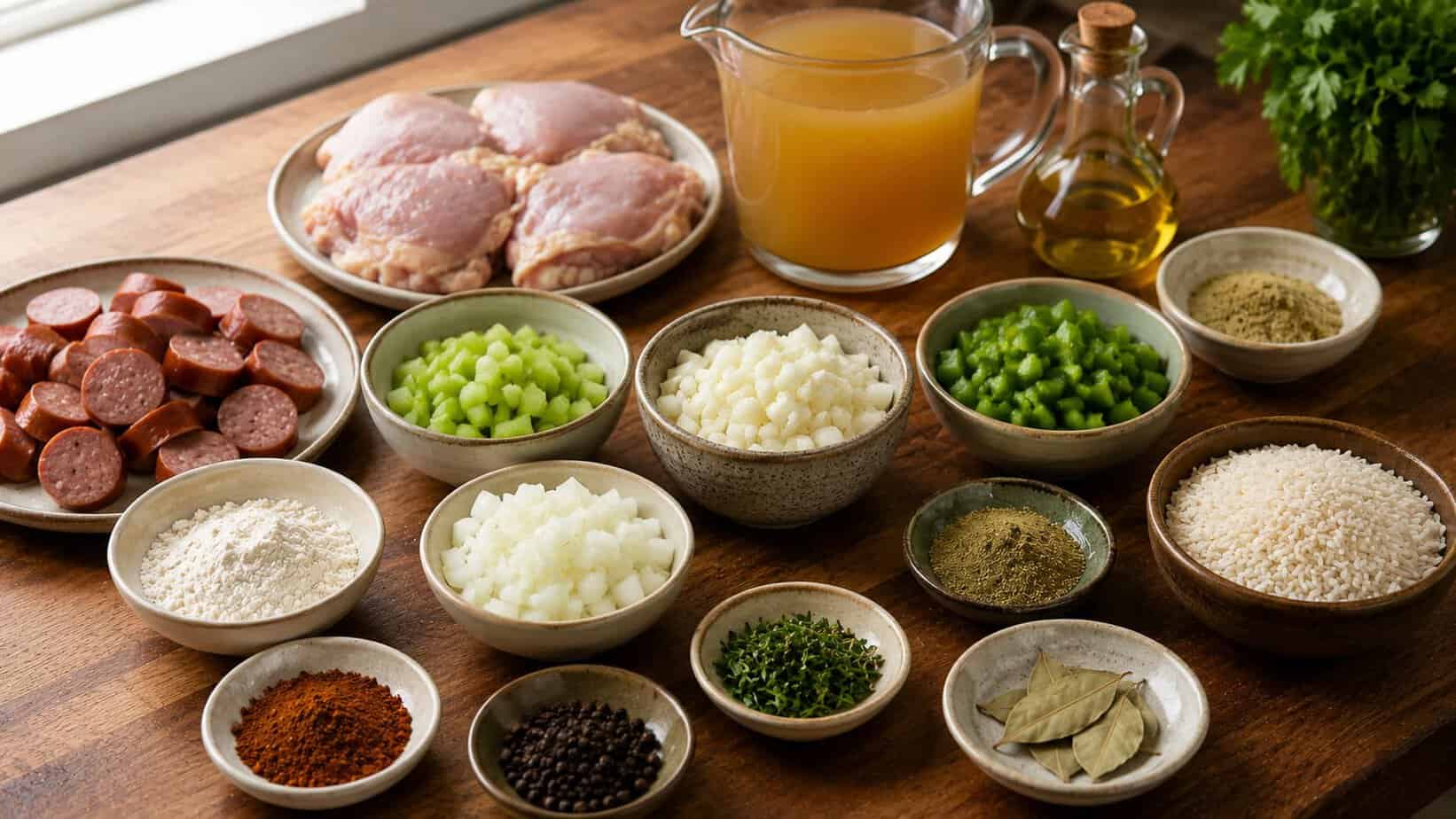 Raw chicken, sausage, broth, rice, and spices laid out for how to cook chicken sausage gumbo
