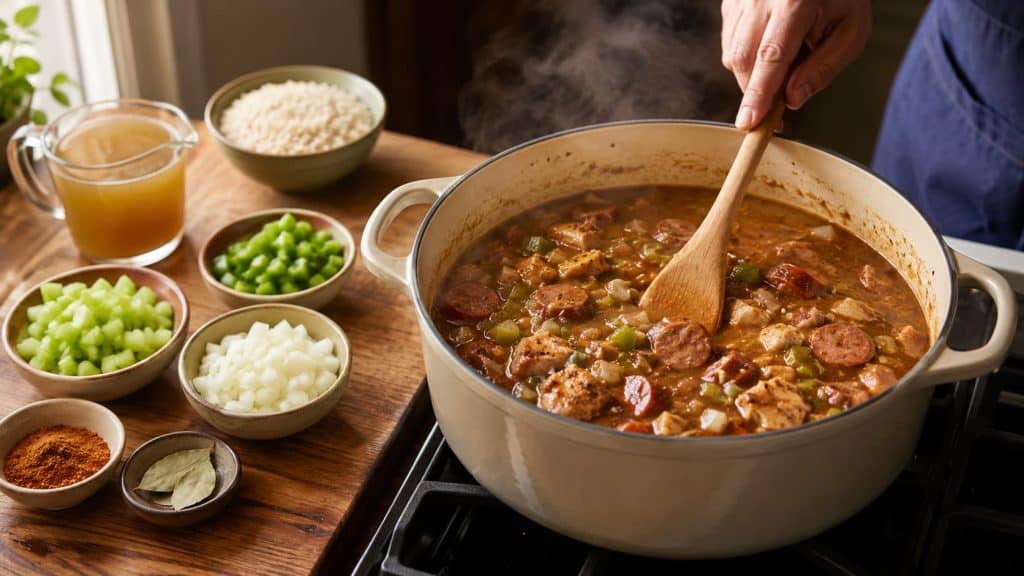 Cook The Restaurant's Food at Home 29 A pot of simmering gumbo with sausage and chicken, showing how to cook chicken sausage gumbo