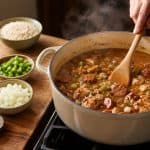A pot of simmering gumbo with sausage and chicken, showing how to cook chicken sausage gumbo