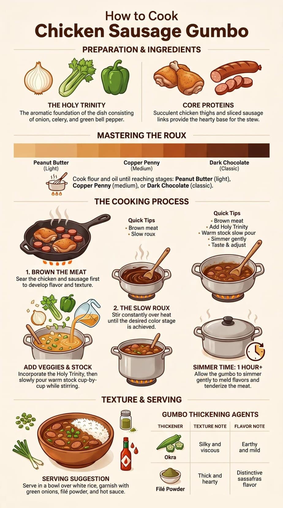 A step-by-step guide illustrating how to cook chicken sausage gumbo from roux to serving