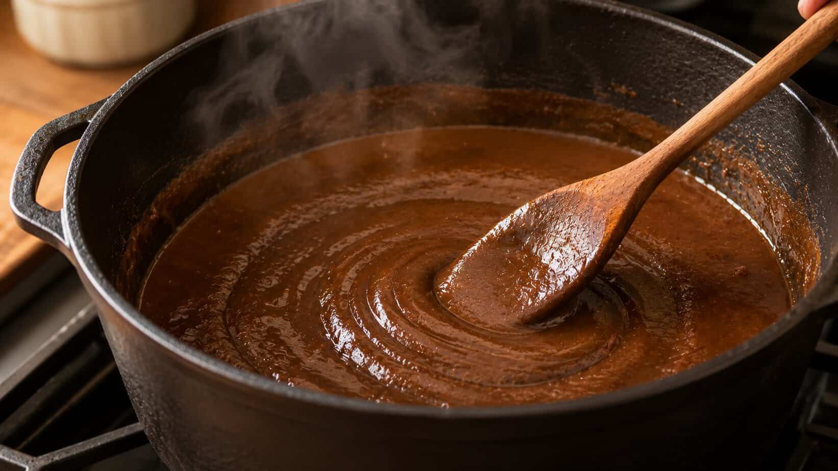 Stirring a dark roux in a cast iron pot, a key step in how to cook chicken sausage gumbo