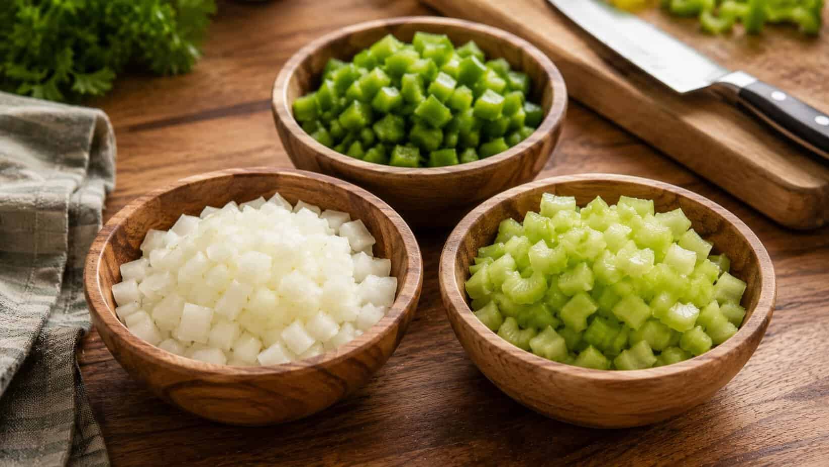Diced onion, celery, and bell pepper, the holy trinity for how to cook chicken sausage gumbo
