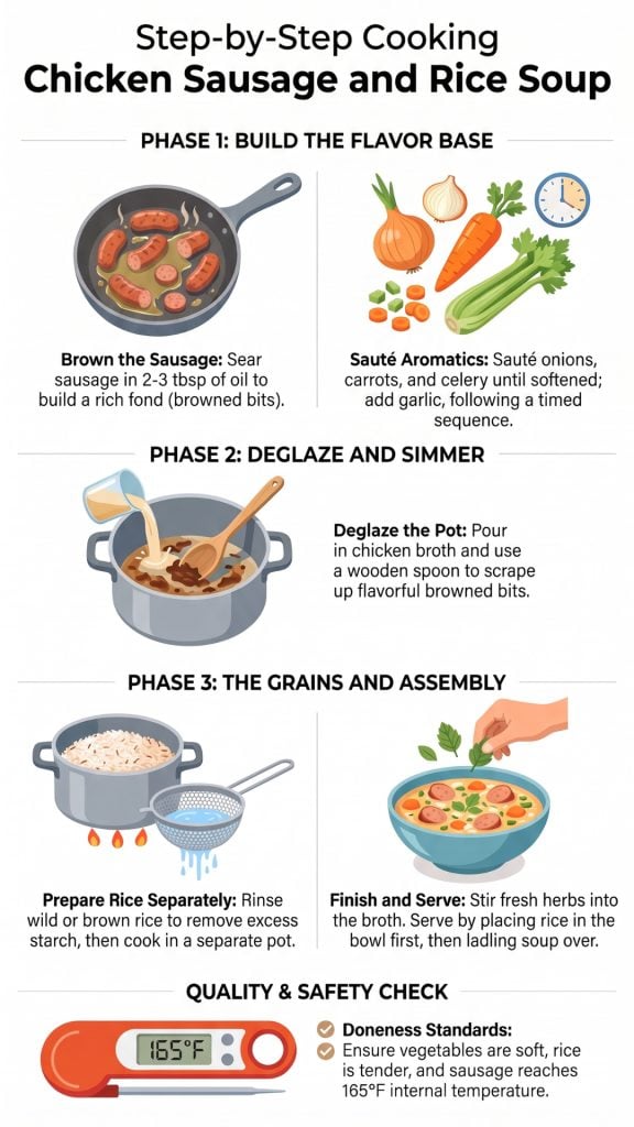 Step-by-step preparation of Chicken Sausage and Rice Soup, showing sliced sausage, rice, and broth cooking together.