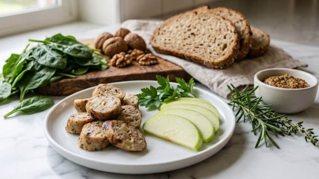Chicken apple sausage on a wooden board with apples and herbs, representing a healthier sausage choice.
