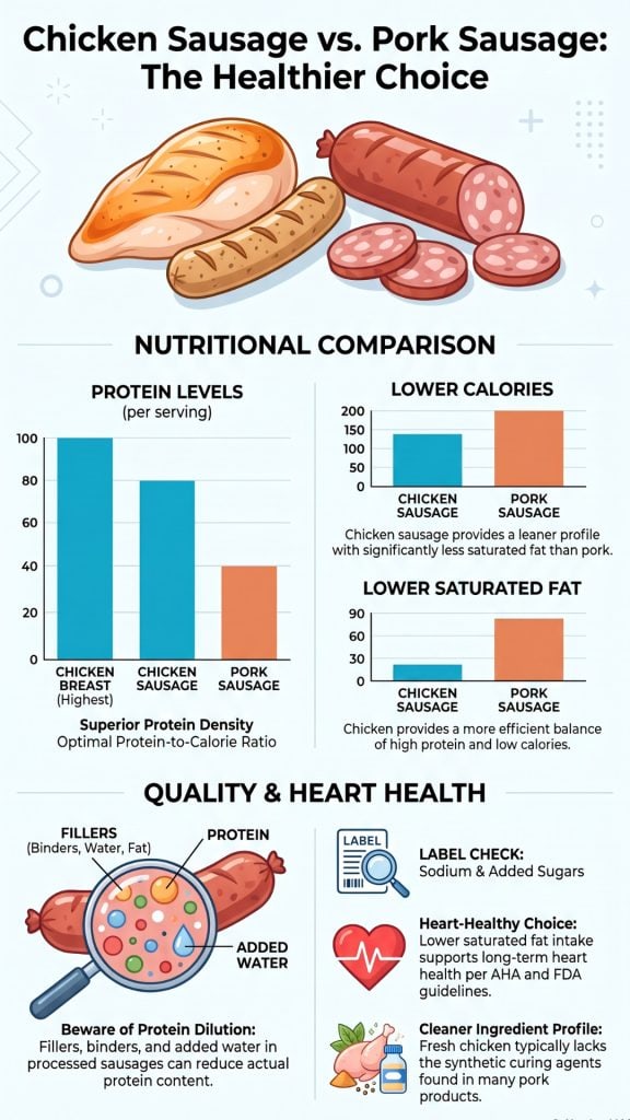 Does Chicken or Sausage Have More Protein? Find Out Here! 1 When comparing chicken sausage vs. pork sausage, choose the leaner, balanced option.