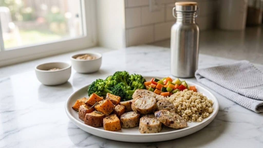 Nutritious chicken apple sausage with fresh apples, herbs, and vegetables on a serving platter.