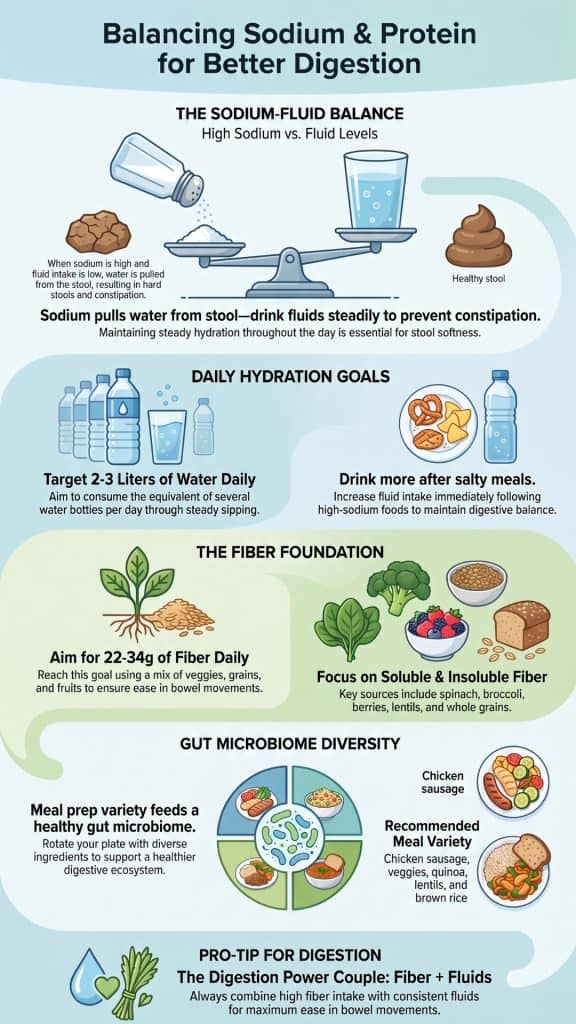 Pairing chicken sausage with vegetables, whole grains, and enough water helps support healthy digestion and regular bowel movements.