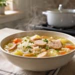 The Best Chicken Sausage and Rice Soup made at home, simmering in a pot with tender rice and savory sausage slices.