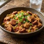 A bowl of delicious chicken and sausage jambalaya topped with green onions