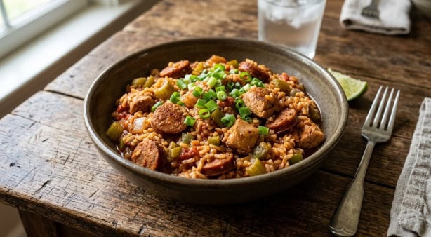 Cook The Restaurant's Food at Home 5 A bowl of delicious chicken and sausage jambalaya topped with green onions
