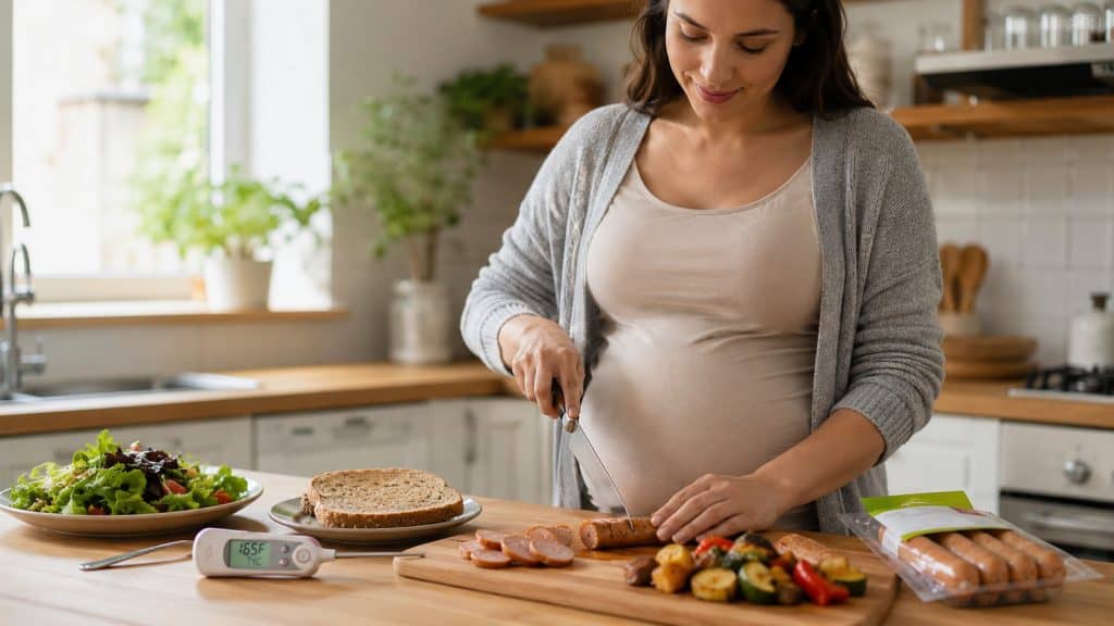Cook The Restaurant's Food at Home 28 Pregnant woman slicing chicken sausage pregnancy safe meal with food thermometer nearby